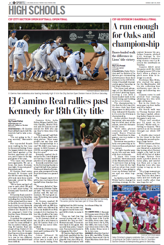 Tarek_Fattal's tweet photo. About last night...

Sunday's LA Daily News print edition splashed with championship glory. El Camino Real softball wins a City title, and Oaks Christian baseball wins a Division 3 crown.

ECR story &amp; photos: https://t.co/uaPILIZ8mg
Oaks story &amp; photos : https://t.co/hgtFE8XMWL https://t.co/DKLxa7AXIh