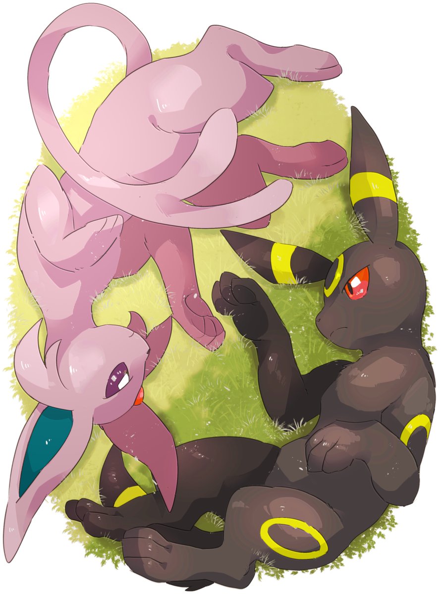 espeon ,umbreon pokemon (creature) no humans lying grass closed mouth red eyes toes  illustration images