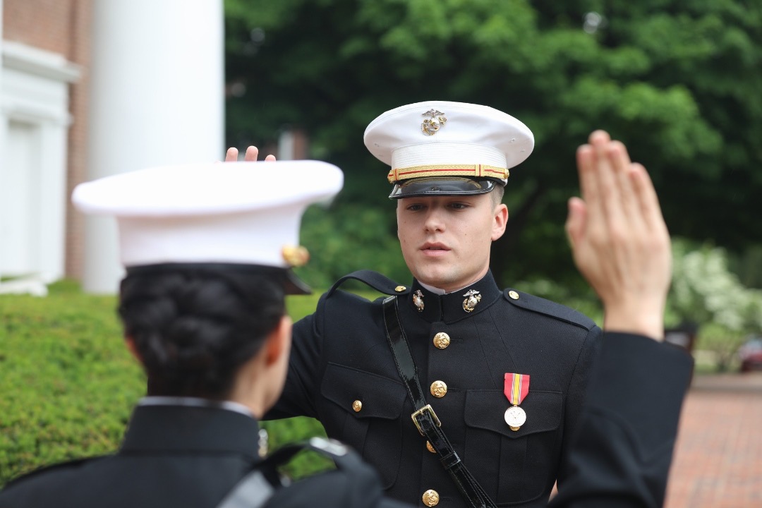 CentreC's tweet photo. Following Centre's Commencement ceremony, Caleb Anderson ’22 commissioned as a Second Lieutenant in the United States Marine Corps. After graduation, he plans to pursue Marine aviation training. #CentreGrad22 @USMC https://t.co/ZrTRKTiYMA