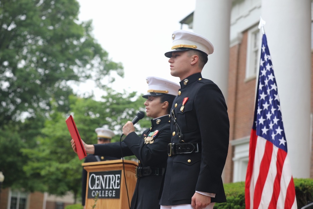 CentreC's tweet photo. Following Centre's Commencement ceremony, Caleb Anderson ’22 commissioned as a Second Lieutenant in the United States Marine Corps. After graduation, he plans to pursue Marine aviation training. #CentreGrad22 @USMC https://t.co/ZrTRKTiYMA