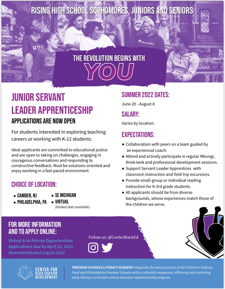 selmekki's tweet photo. Please share this opportunity with your network:
@CenterBlackEd is hiring Black high school &amp; college students as paid teacher apprentices to work at both our virtual &amp; in-person Freedom Schools Literacy Academy #FSLA https://t.co/JTIk4lEDsc https://t.co/YVBqyNzRZH