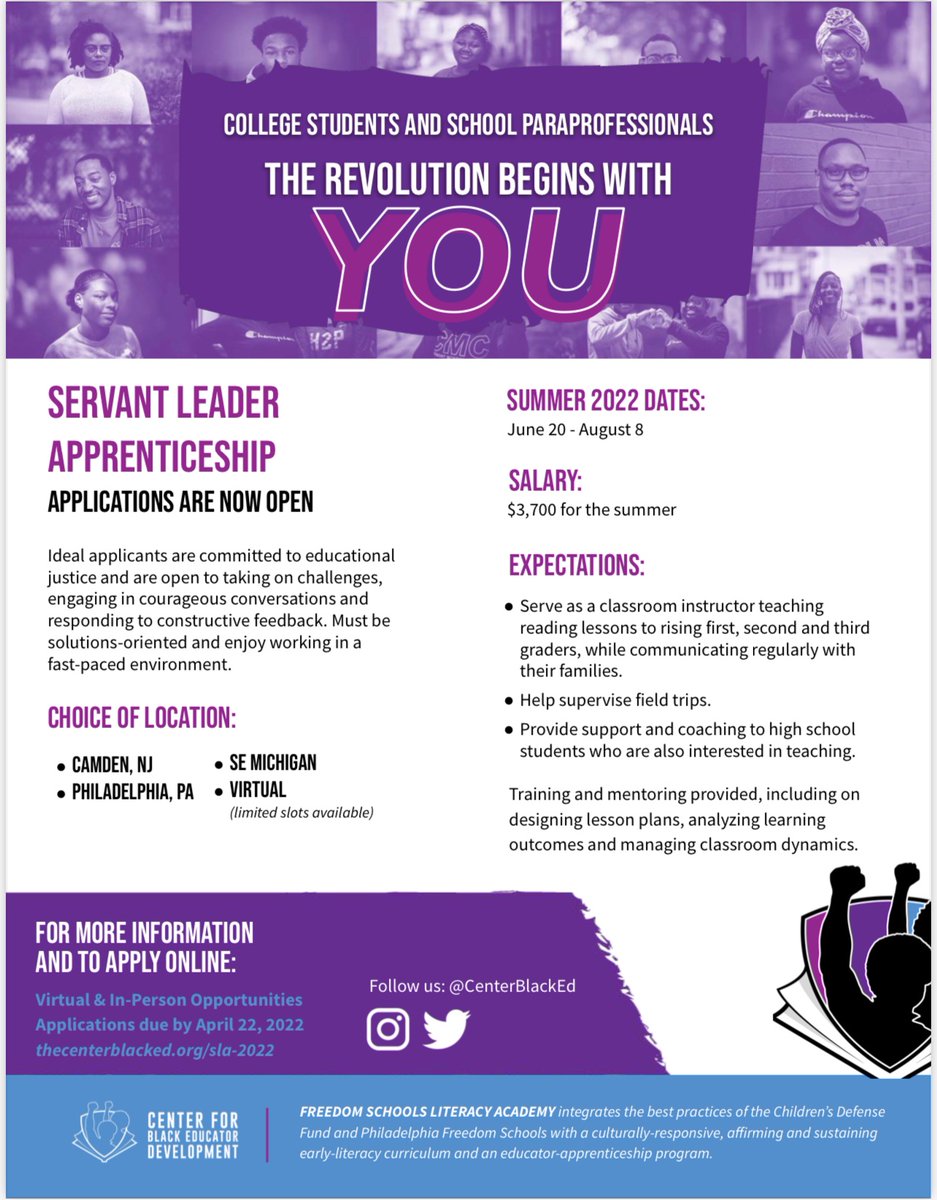 Sharif El-Mekki (@selmekki) on Twitter photo Please share this opportunity with your network:
<a href="/CenterBlackEd/">Center for Black Educator Development</a> is hiring Black high school & college students as paid teacher apprentices to work at both our virtual & in-person Freedom Schools Literacy Academy #FSLA thecenterblacked.org/academies Please share this opportunity with your network:
<a href="/CenterBlackEd/">Center for Black Educator Development</a> is hiring Black high school & college students as paid teacher apprentices to work at both our virtual & in-person Freedom Schools Literacy Academy #FSLA thecenterblacked.org/academies