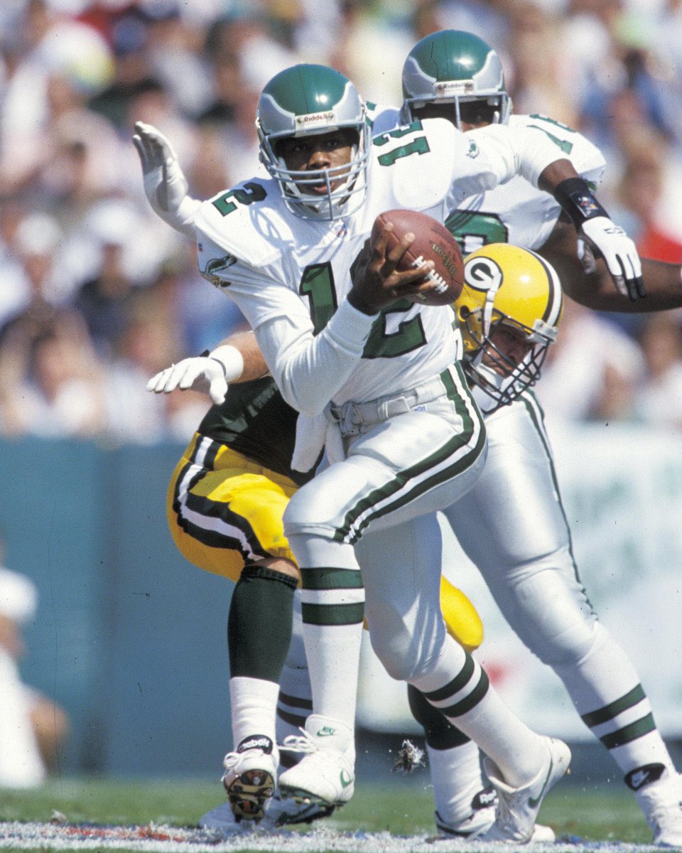 Super70sSports's tweet photo. How good was Randall Cunningham? He was NFL MVP runner-up THREE fucking times. If he got a do-over on his career, he’d be in the Hall of Fame. The Eric Davis of football. https://t.co/iQoIfjmXRX