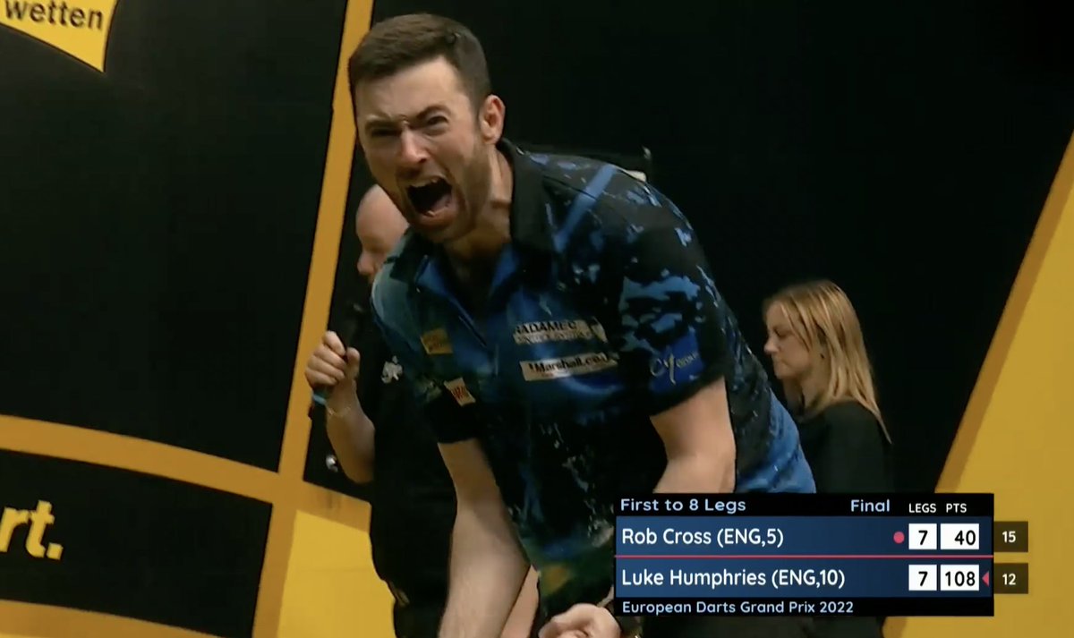 HighRollerRadio's tweet photo. Frame it!
The 1-0-8, the scream, jump, and twist-about, as Luke Humphries comes up clutch to win European Darts Grand Prix. Rob Cross was sitting on tops in decider.
#Darts #EDGP22 https://t.co/ZjawcX6GTJ