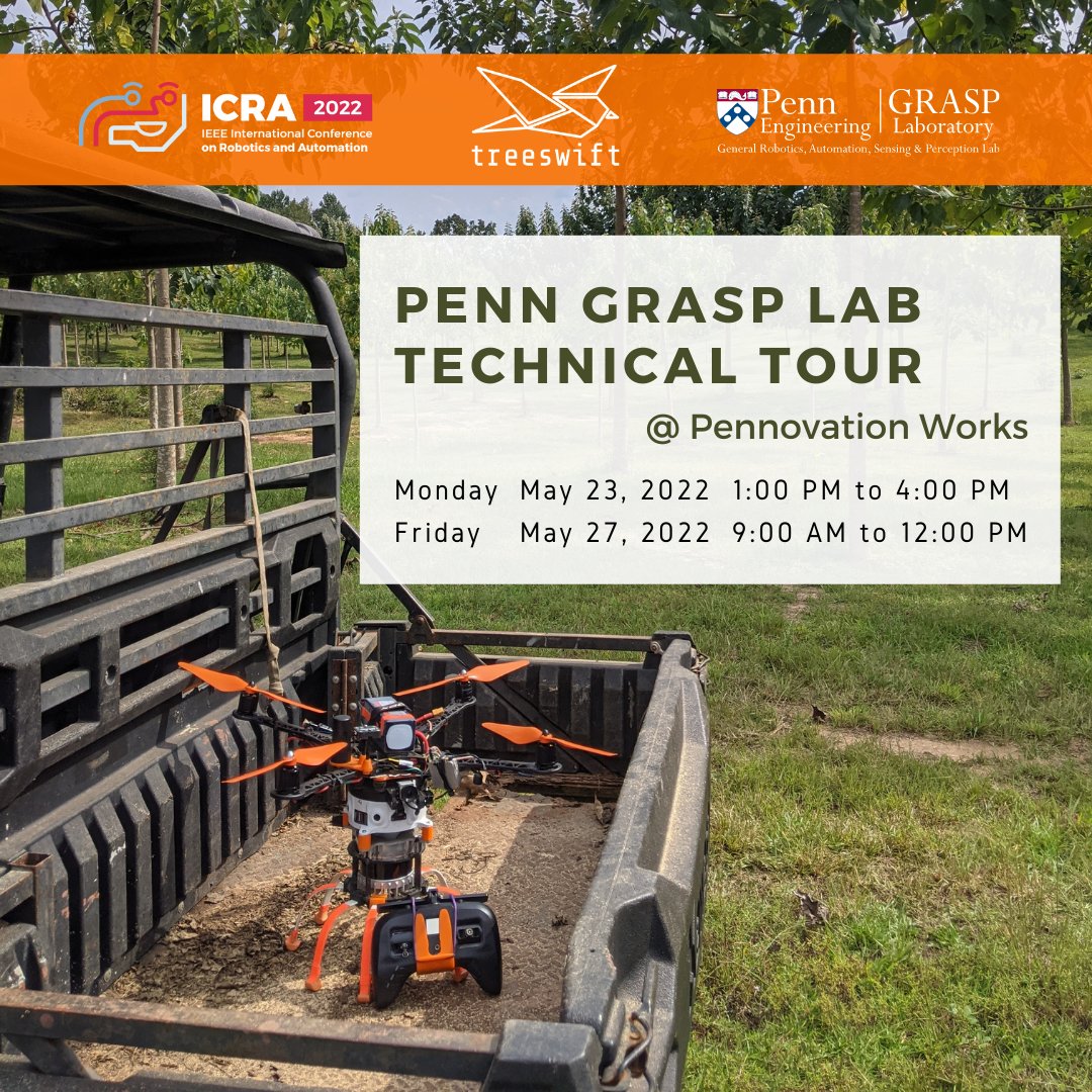 Come say hi and see our bots at the GRASP Lab Technical Tour for ICRA 2022 on Monday and Friday this week at Pennovation!

#lidar #drones #robotics