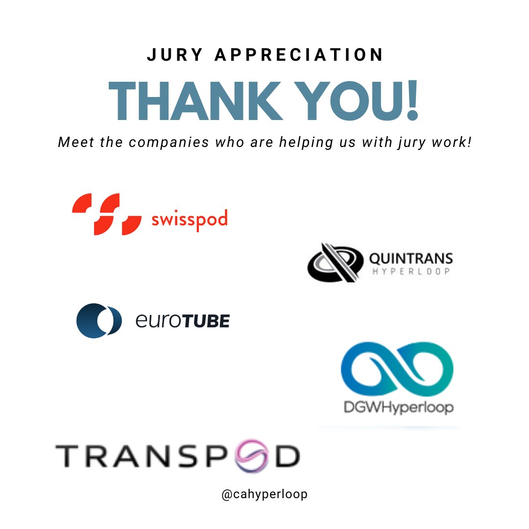 Hyperloop Global (@cahyperloop) on Twitter photo THANK YOU to hyperloop companies who have supported us with jury members!
We are grateful to work with our premium partner <a href="/TransPod_Inc/">TransPod Inc.</a> and many other leading hyperloop companies <a href="/eurotube_tech/">EuroTube Foundation</a> <a href="/swisspod/">Swisspod</a> <a href="/QHyperloop/">Quintrans Hyperloop</a> <a href="/DGWHyperloop/">DGWHyperloop</a> THANK YOU to hyperloop companies who have supported us with jury members!
We are grateful to work with our premium partner <a href="/TransPod_Inc/">TransPod Inc.</a> and many other leading hyperloop companies <a href="/eurotube_tech/">EuroTube Foundation</a> <a href="/swisspod/">Swisspod</a> <a href="/QHyperloop/">Quintrans Hyperloop</a> <a href="/DGWHyperloop/">DGWHyperloop</a>