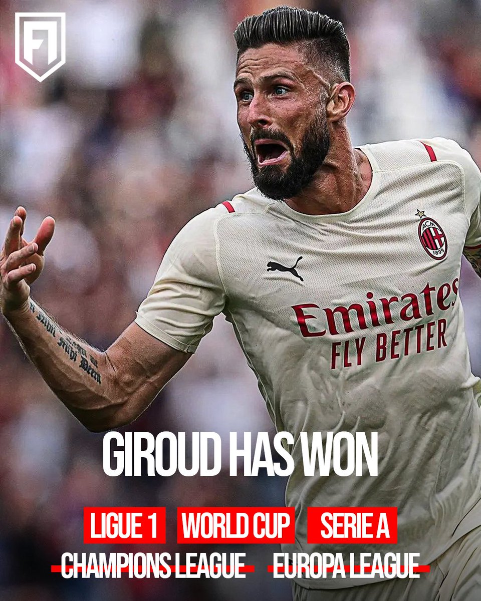 Footyassociaton's tweet photo. This man has won :
Ligue 1with Montpellier ✅
World Cup with France ✅
Champion League with Chelsea ✅
Europa League with Chelsea ✅

And Now .. Serie A with Ac Milan ✅

Big big respect for Olivier Giroud 👏 https://t.co/HeWJgkShKG