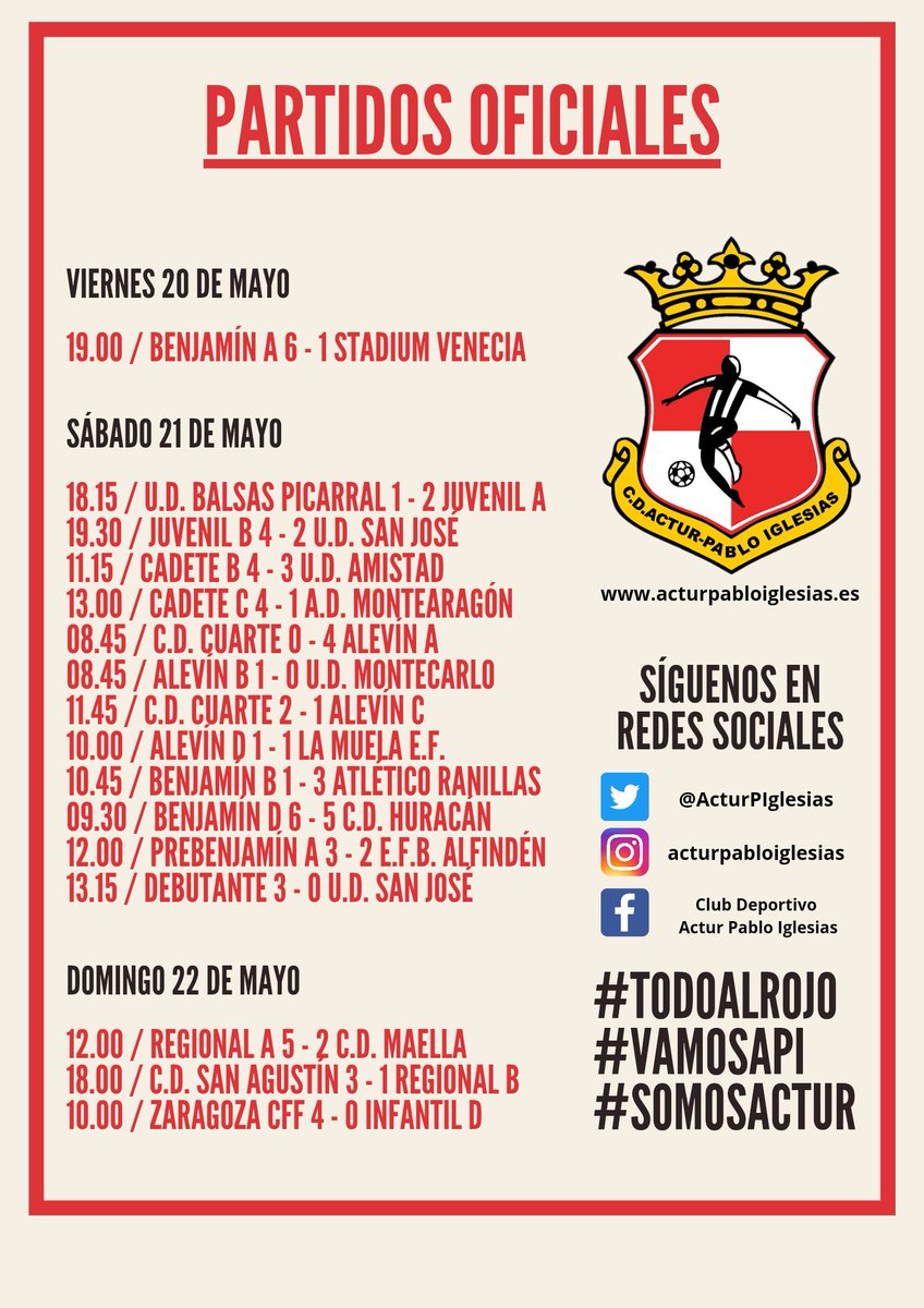 ActurPIglesias's tweet photo. ⚽ RESULTADOS | 20 al 22 de mayo
#TodoAlRojo 🔴⚪
#VamosAPI 🔴⚪
#SomosActur https://t.co/zaHEFwFxni