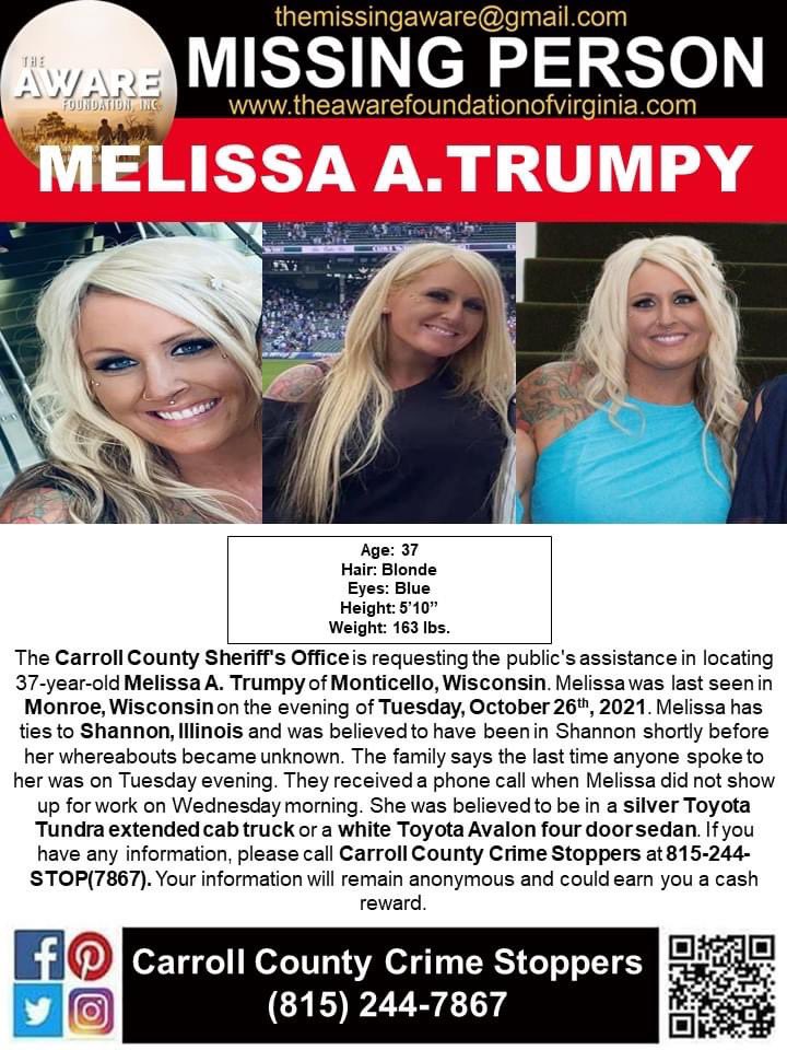 Melissa Trumpy is still missing. 
Someone knows something. 
Her vehicle was located near Pearl City in Stephenson County/ WI 

This is an ongoing investigation. 
#MissingPerson