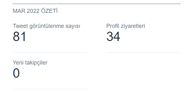 Aralık 2021: Hesap Kuruldu.
En Çok Tweet Bu ayda Atıldı.

Ocak 2022: Tamı Tamına 1000 Küsur Takipçi Kaybedildi. Yavaş Yavaş Hype'lanmamız Düşüyordu.

Şubat 2022: Kayış Koptu! Profil Görüntülenme ve tweet görüntülenme bir anda Düşüyordu.

Mart 2022: - Devamı Diğer Tweette