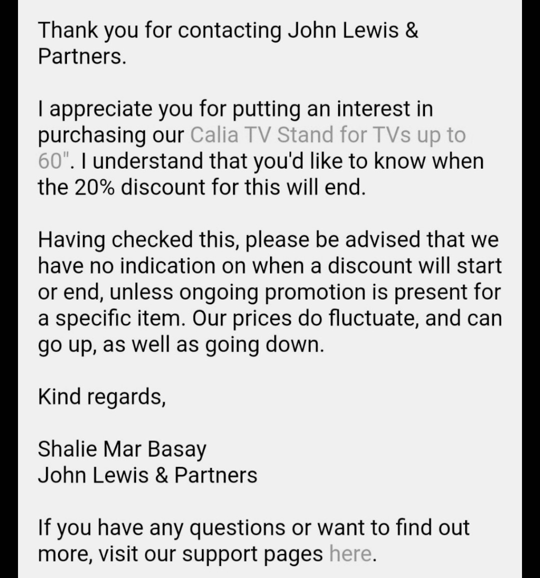 jkcrossan's tweet photo. @JohnLewisRetail Got this reply from John Lewis when I enquired about a promotion. What a load of b*###ks.. I won't be buying from them! https://t.co/sL7QVqIR6N
