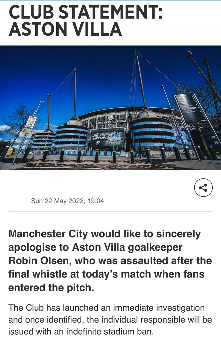 Man_CityTR's tweet photo. ❌ | Manchester City: “Maç��n bitmesinden sonra sahaya giren ve rakip takımın kalecisi Robin Olsen’i darp eden taraftarlarımız için Aston Villa’dan özür dileriz. Derhâl soruşturma başlatılmış olup bu işe girişenlerin ömür boyu maçlara girişi yasaklanacaktır.” https://t.co/f4G26pQFxv
