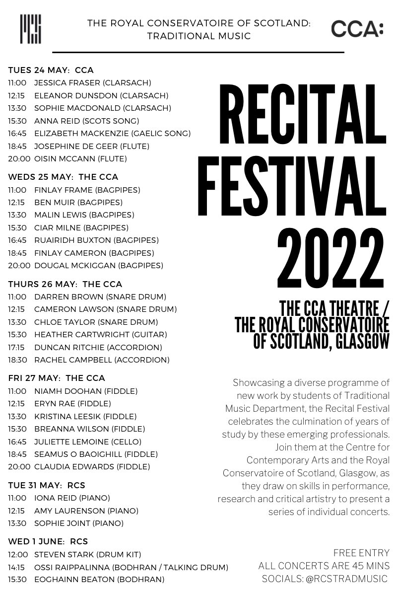 Come and join us as we celebrate our annual Recital Festival at <a href="/RCStweets/">Royal Conservatoire of Scotland</a> and <a href="/CCA_Glasgow/">CCA</a> over the next two weeks! All events are free entry. #livemusic #glasgow