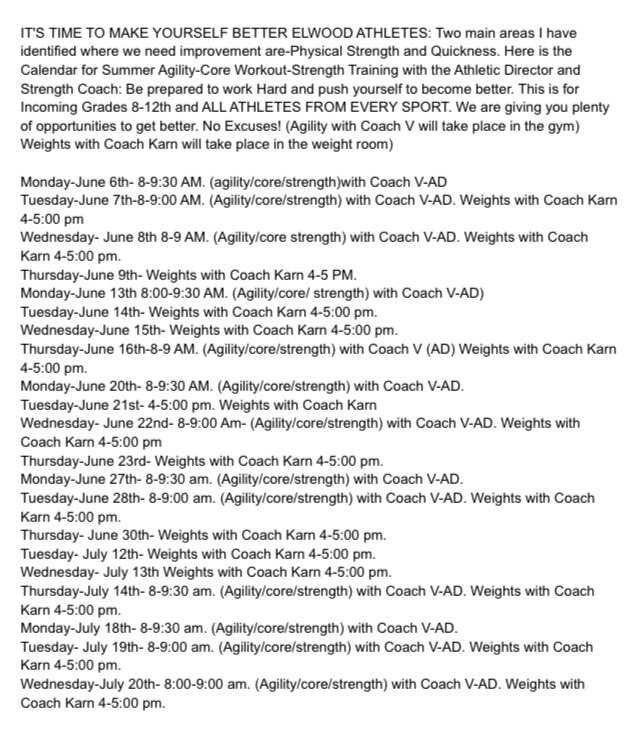 NO MORE EXCUSES! We are providing you plenty of opportunities to get better. It’s all on you now. Summer Calendar for Agility, Core, and Strength Summer Workouts!