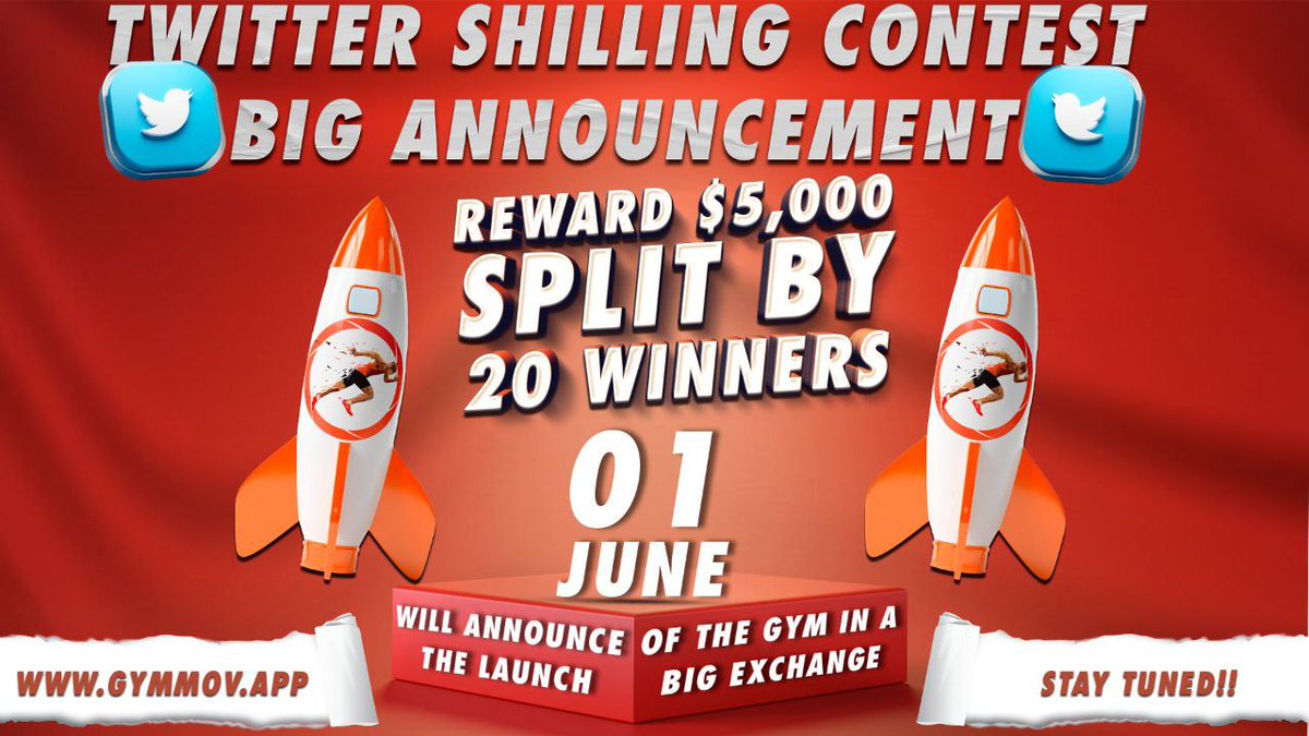 GYM | Move2Earn (@MovGym) on Twitter photo 2022-05-22 18:41:58 SHILLING CONTEST RULES: MARK MULTIPLE EXCHANGES, LIKE, RT 2022/06/01 WILL ANNOUNCE THE LAUNCH OF THE GYM IN A BIG EXCHANGE FOLLOW @MovGym and t.me/Gymmov POST SOMETHING BULLISH ABOUT EXCHANGES AND MARK EXCHANGES IN POST @MovGym #GYMMOVE #BIGCEX SHILLING CONTEST RULES: MARK MULTIPLE EXCHANGES, LIKE, RT 2022/06/01 WILL ANNOUNCE THE LAUNCH OF THE GYM IN A BIG EXCHANGE FOLLOW @MovGym and t.me/Gymmov POST SOMETHING BULLISH ABOUT EXCHANGES AND MARK EXCHANGES IN POST @MovGym #GYMMOVE #BIGCEX