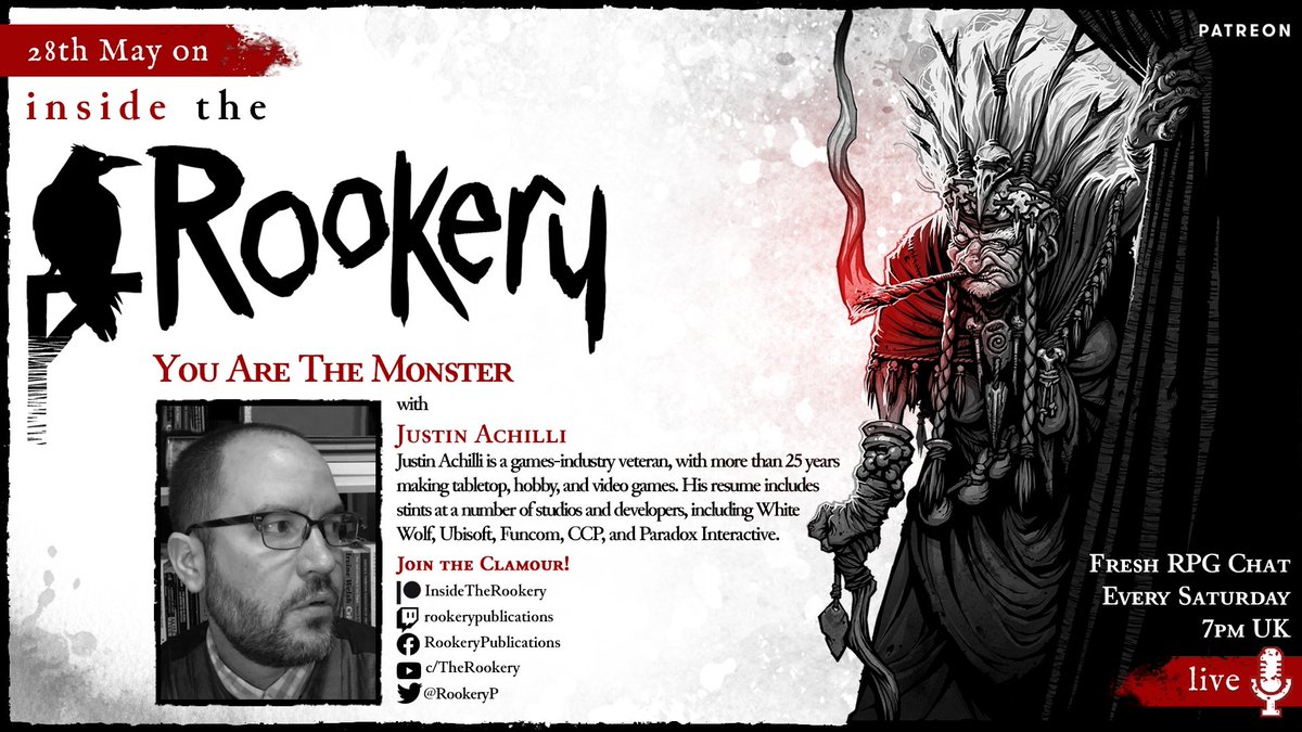 Rookery Publications #InsideTheRookery #Patreon (@rookeryp) on Twitter photo Tis the season to chat #TTRPGs! Fa-la-la-la-la-la-la-ca-caw!
We'll be back next week, Saturday 28th, 7pm UK/2pm ET/11am PT.
Our first guest for season 3: it's only Justin Achilli! (<a href="/jachilli/">justin achilli @jachilli.bsky.social</a>)
Details on the blog here: patreon.com/posts/66716677
#WoD #VtM #WorldGothDay Tis the season to chat #TTRPGs! Fa-la-la-la-la-la-la-ca-caw!
We'll be back next week, Saturday 28th, 7pm UK/2pm ET/11am PT.
Our first guest for season 3: it's only Justin Achilli! (<a href="/jachilli/">justin achilli @jachilli.bsky.social</a>)
Details on the blog here: patreon.com/posts/66716677
#WoD #VtM #WorldGothDay