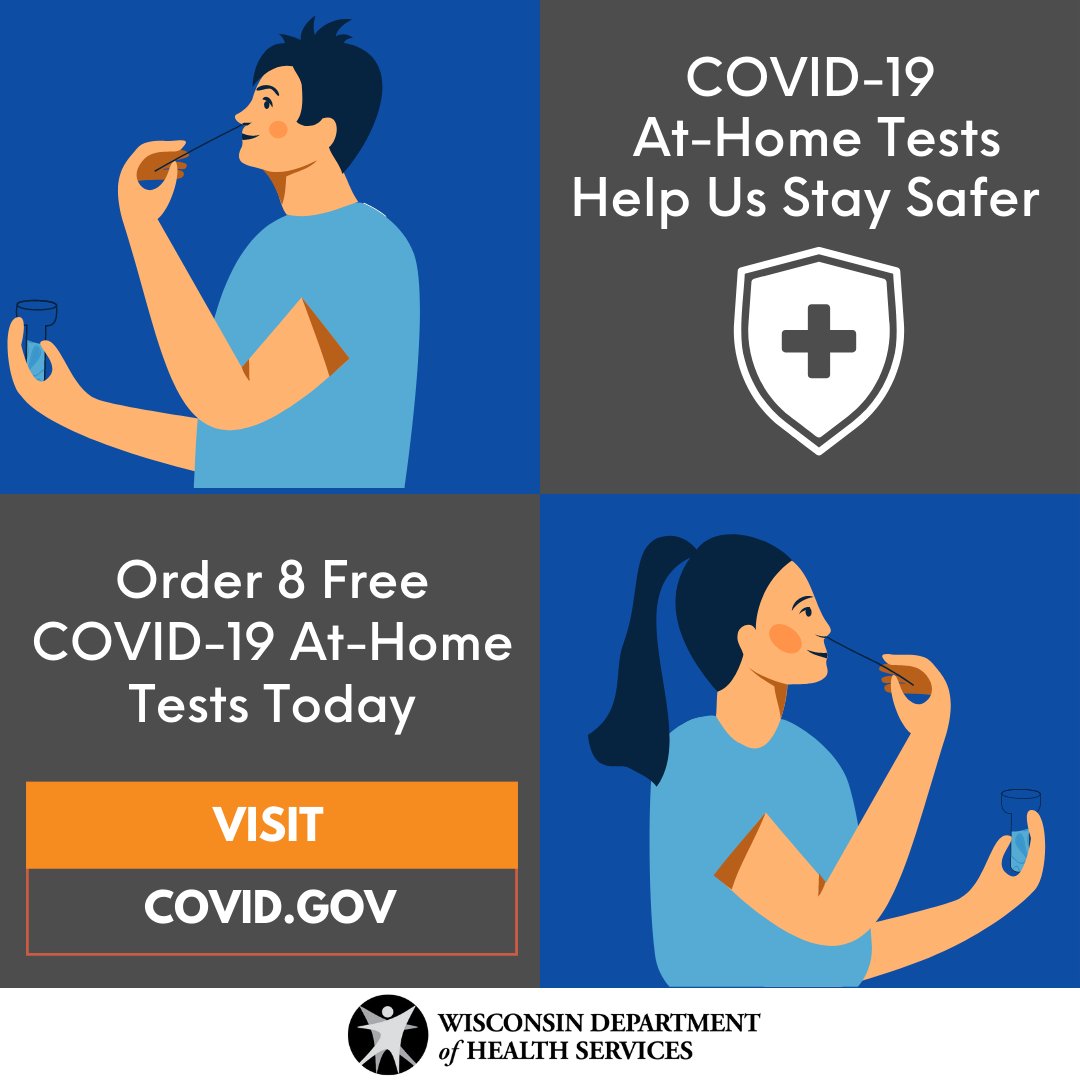 As #COVID19 case numbers rise, getting tested is key to keeping yourself and those around you safe.
➡ Find at-home tests at local pharmacies and stores 
➡ Get FREE at-home tests shipped to you: covid.gov/tests
➡ Find a community testing site: dhs.wisconsin.gov/covid-19/commu…