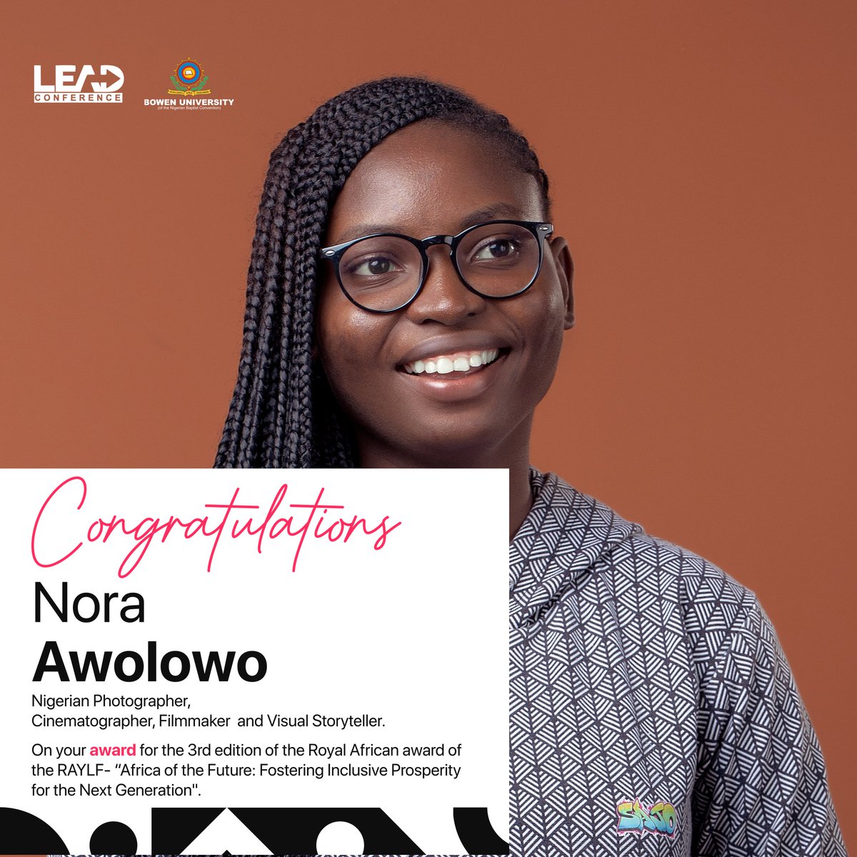 leadbowen's tweet photo. Hearty congratulations to @NoraAwolowo and @Tunde_OD, 2 of our speakers at #LEADConference2022, on being selected by H.I.M Ooni of Ife @OoniAdimulaIfe as recipients of the 2022 Royal African Young Leadership Forum (RAYLF) @RoyalAfricanYLF award. https://t.co/hpmbswqVE3