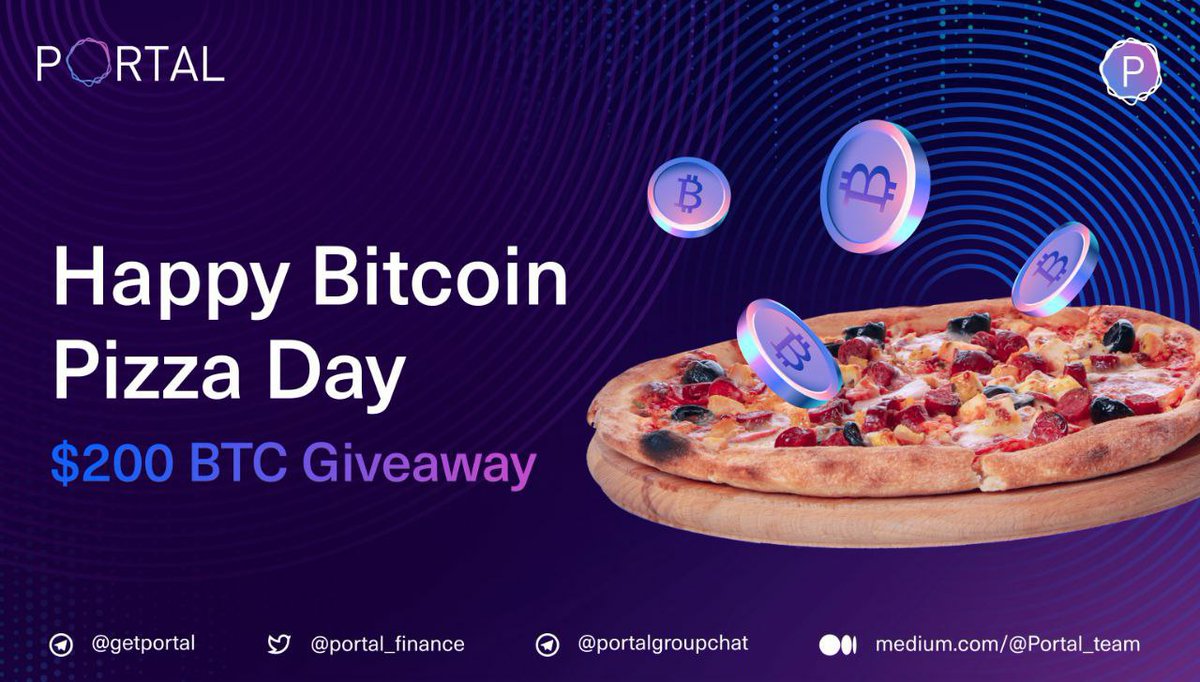 PortaltoBitcoin's tweet photo. 🍕 The #BitcoinPizzaDay Portal is open! 8 lucky winners share prize pool of $200 in #Bitcoin 

🍕Follow @portal_finance 
🍕Like / RT this tweet 
🍕Tag 1 person you'd share a pizza pie with 
🍕Leave your BTC address in the comment section 👇

⌛️Ends on 5/23 @ 23:00 UTC! https://t.co/krglNZkPkw