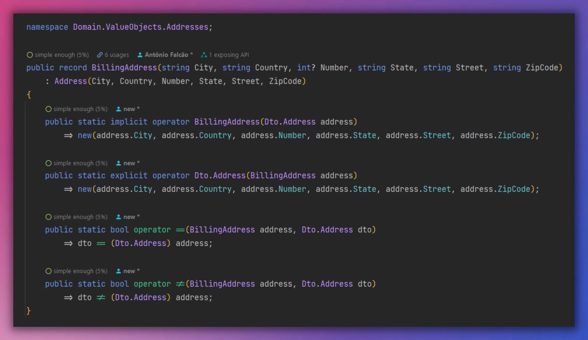 AntonioFalcaoJr's tweet image. #CSharp operators can help each other to be simpler to implement;
In comparison operators case, from the complex to the simpler type looks the right way for me.
#ValueObjects can help in taking decisions in the aggregate.
#EventSourcing #CQRS #Dotnet