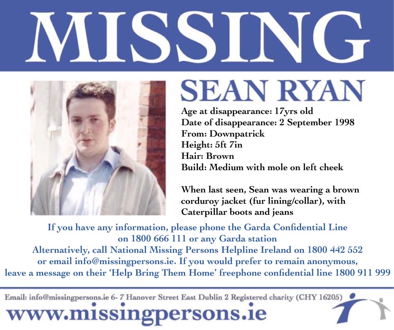 Is Ryans In Hanover Open Christmas 2022 National Missing Persons Helpline On Twitter: "Sean Ryan Was 17Yrs Old When  He Went Missing On 2 September 1998 From Down Patrick, County Down In  Ireland #Seanryan #Imcd #Internationalmissingchildrensday  #Helpbringthemhome Https://T.co/8Jiiycxezn" /