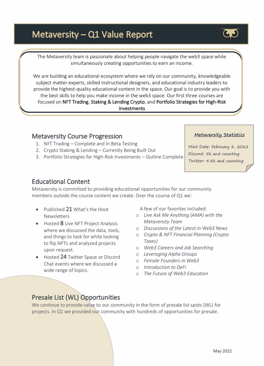Mystery Box Giveaway!

Check out our 1st Quarter Value Report 

We're proud of how much we have accomplished and are looking forward to continuing to provide some serious value. 

Follow, share, and RT for a chance at the mystery box - bundled presale (WL) and cash prizes (eth)!!