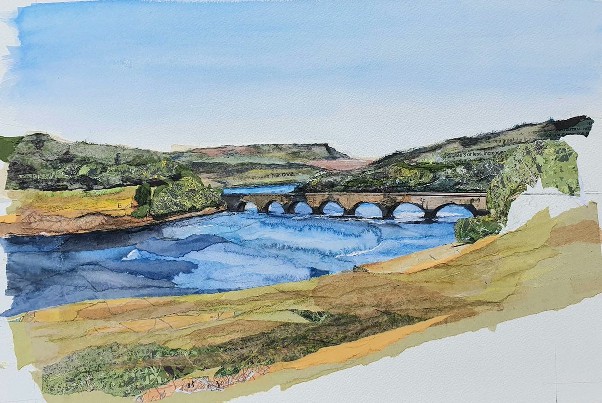 My view over #Derwent Reservoir 
Collage/mixed media
#art #HandmadeHour