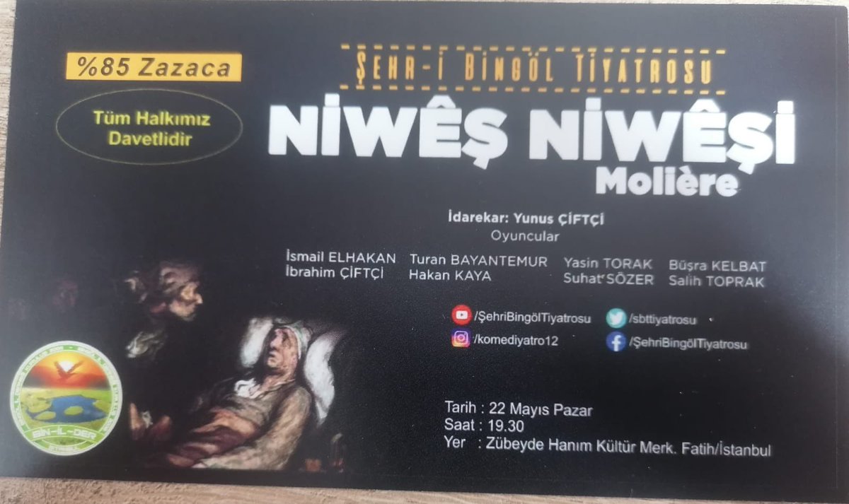 İstanbul/Fatih’te @binilder katkısı ile yapılan ZAZACA tiyatro gösterisine <a href="/sbttiyatrosu/">Şehr-i Bingöl Tiyatrosu🎭</a> “NİWÊŞ NİWÊŞİ” oyununu Ailece izledim. Bir çok ili gezerek ZAZA diline ve kültürüne katkı sağladıkları için Yunus Çiftçi ve oyunculara emeği geçenlere teşekkür ederim.