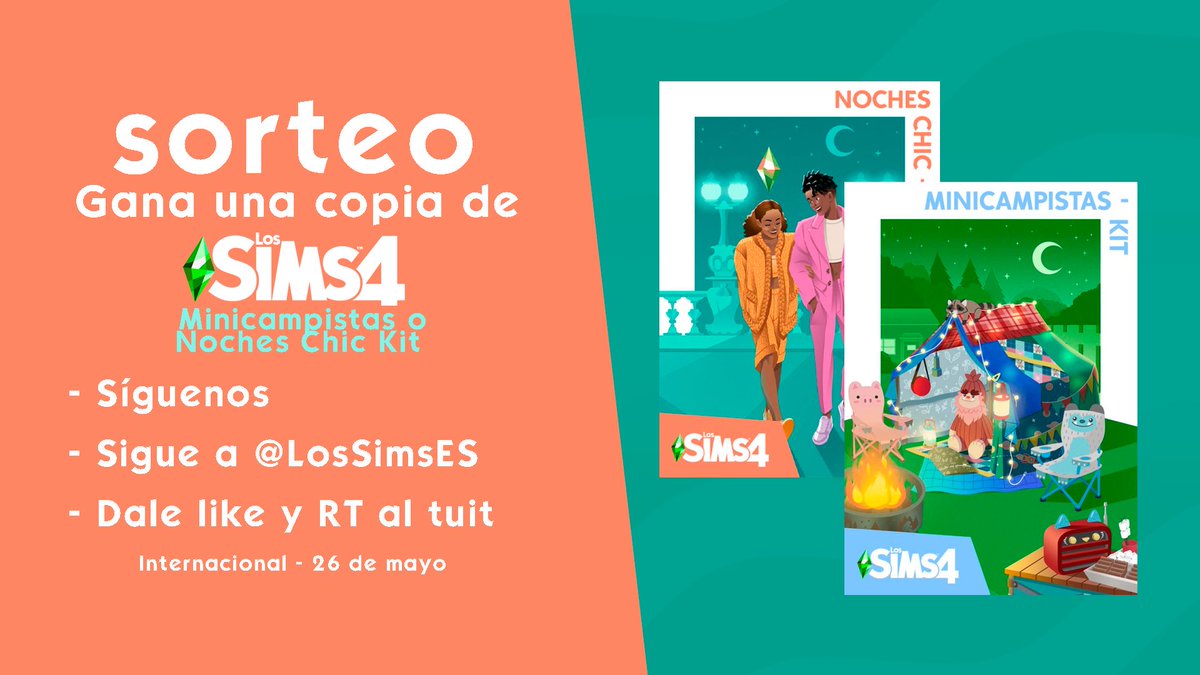 InfoSimmer's tweet photo. ▪️ SORTEO 🚨

Gana una copia de Los Sims 4 Minicampistas o Noches Chic Kit

REQUISITOS:

- Síguenos y sigue a @LosSimsES 
- Dale like y RT a este tuit

Sorteo internacional y finaliza el 26 de mayo
¡Suerte a tod@s! 🍀 https://t.co/Shzxsp2233