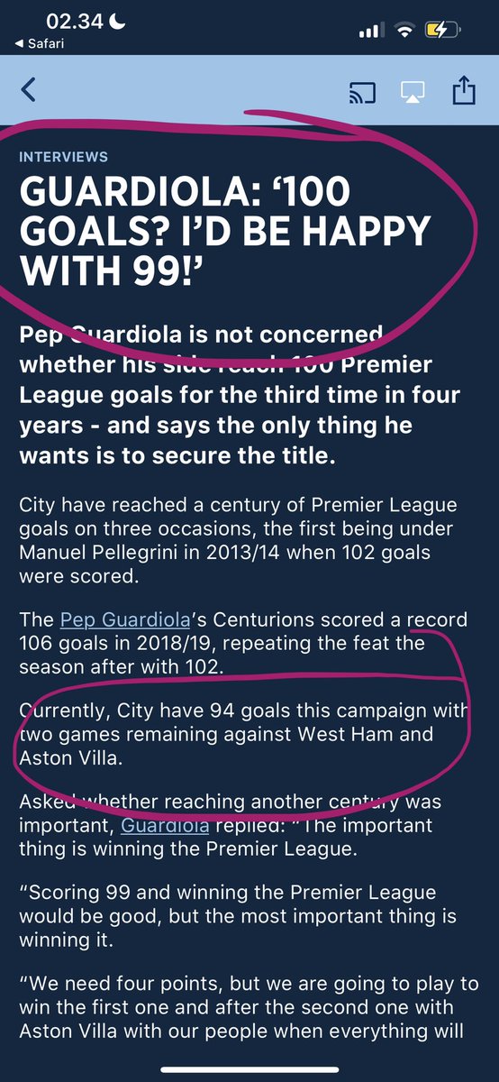 cellapherdi's tweet photo. @ManCity does anyone realize? back to pep's interview last sunday before west ham match, he did say that he'd be happy with 99 goals instead of 100! and today we finished the season with 99 goals in total 🥹 https://t.co/tvGLvn09ny