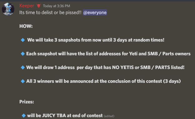 SmoothYetis's tweet photo. Buy Yetis + snowmobiles/parts to be entered to win some INSANE prizes.

Also, delist for a chance to win a BIG prize over the next 3 days https://t.co/0FUMDmP0pU