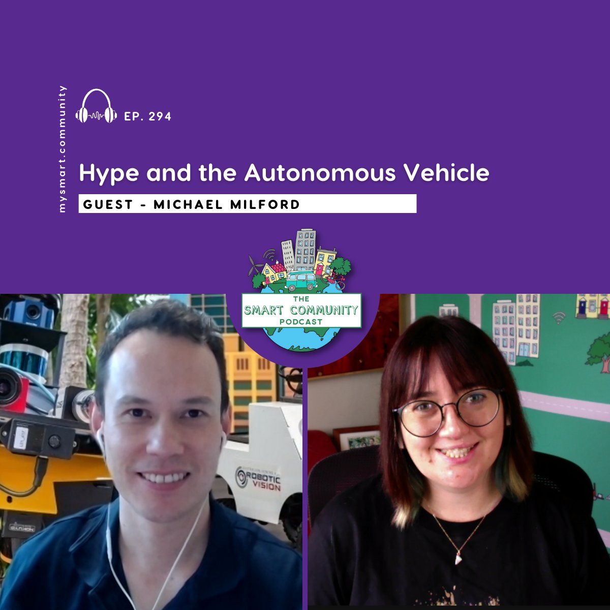 SmartCommHQ's tweet photo. What is the hype around autonomous vehicles? Are they an advantage or disadvantage to our Smart Communities? We continue #MobilityMay with @maththrills Michael Milford from @QUT's Centre of Robotics. Listen on all good podcast apps and https://t.co/DozA0SbLdi https://t.co/KqddHxdQPw