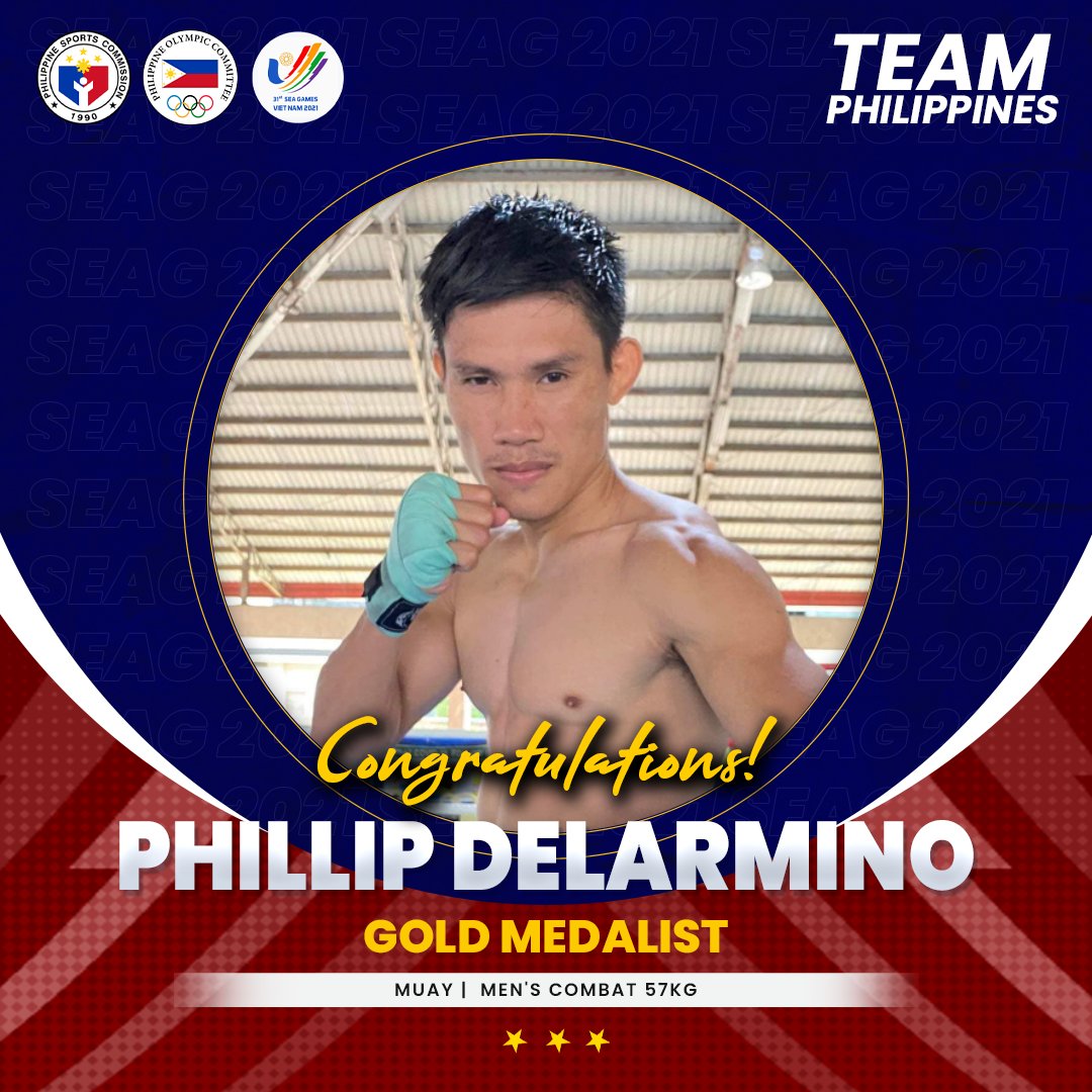 psc_gov's tweet photo. 𝐆𝐎𝐋𝐃!🥇🇵🇭

Congratulations to Phillip “El Kapitan” Delarmino for clinching the GOLD in the Men’s Combat 57kg class of Muay Thai competition in #SEAGames31.

Maraming salamat, Phillip at mabuhay ang #GalingngAtletangPinoysaHanoi! 🇵🇭

#IAmSportsPositive
#parasainangbayan https://t.co/MMg49SmXeB