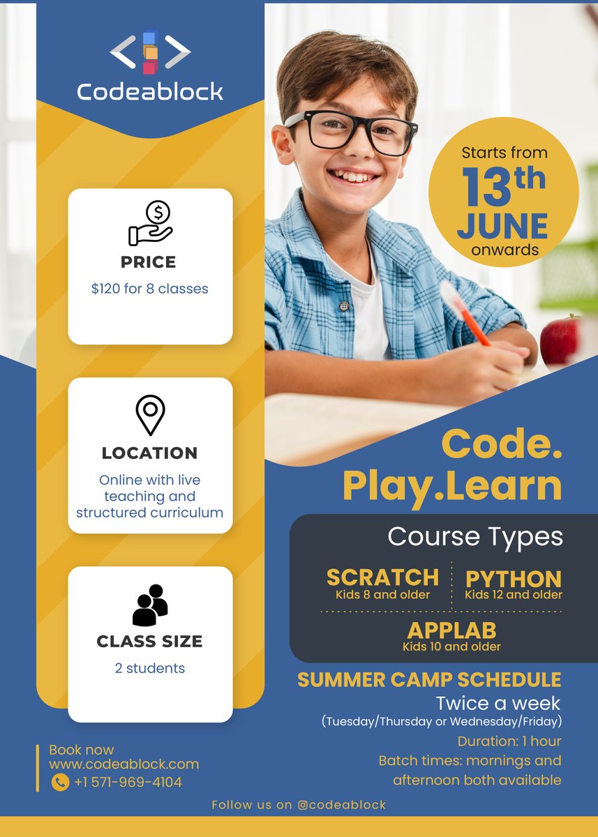 RCMS_PTA's tweet photo. Codeablock - Summer Camp

https://t.co/XGzoRpDSwq.Learn
- SCRATCH
- PYTHON
- APPLAB

https://t.co/jLLFttxRCx https://t.co/1pnbtgc0ir