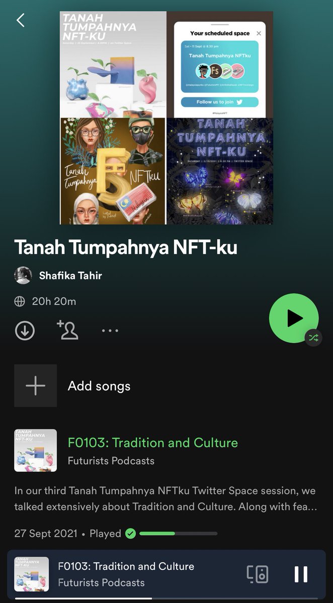 GM! For those who’s been in local NFT space since last year, you would remember <a href="/FuturistsMY/">Shinji</a> twitter space called “Tanah Tumpahnya NFT-ku”. 

It’s a sharing session about NFT for newbies with interesting topics. And the session actually available as podcast in Spotify!