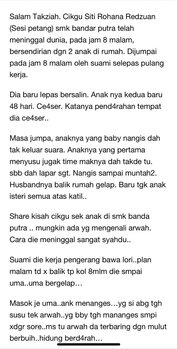 korang baca ni, meninggal dalam pantang sebab penat sangat, kelahiran czer. suami balik pukul 8 malam. anak dua orang, satu baby, satu baru 1 tahun lebih. isteri dah mengadu penat, suami hanya suruh rehat. tapi bantuan tak diberi. tade family bantu. 😭