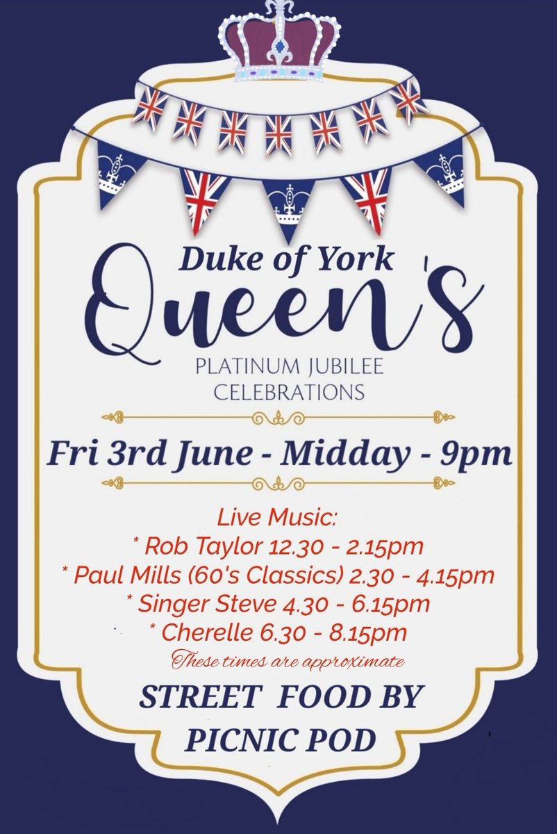 We're getting excited now! 🍻🎉🎶
No tickets needed, Free entry. No under 14s before 6pm, strictly 18+ after 6pm. Dog Friendly... 
#Jubilee #lovepubs #celebrations #GardenParty #livemusic