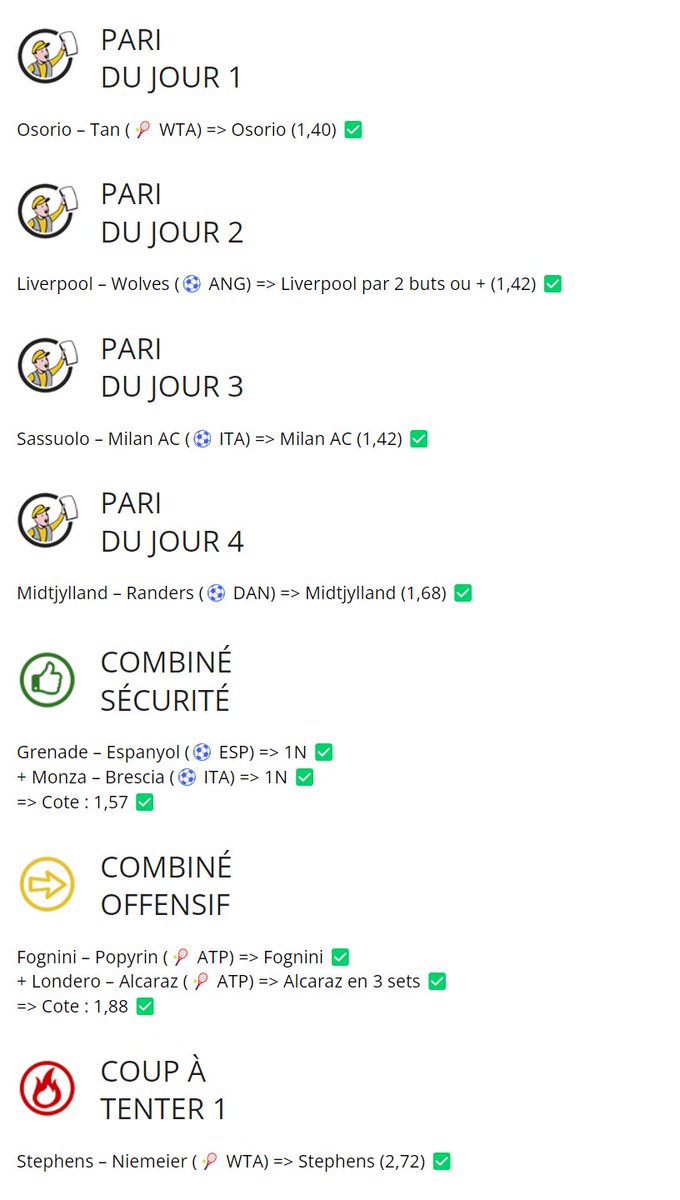 Paul_Ghielmi's tweet image. Les amis, on a vécu une journée EXCEPTIONNELLE !! 

👉PERFECT sur Pronostics.vip🔥🔥  (Détail de la journée ici : pronostics.vip/pronostics-du-…)

👉Et sur Pronostics.info, 3 analyses correctes sur 4! Manque juste 1 set à Dominic Thiem pour faire perfect ici aussi !😅