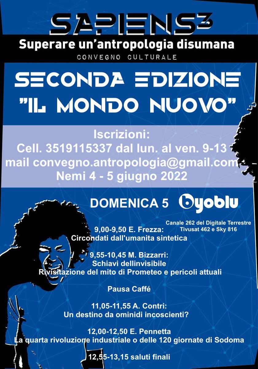 Completata la scaletta degli incontri di Sapiens^3 con i titoli degli interventi.
"Il Mondo Nuovo": come qualcuno vorrebbe portarlo a compimento e ciò che lo renderà impossibile.
SAPIENS^3 - NEMI 4-5 GIUGNO 2022
Info iscrizioni sulla locandina.
#SAPIENS_3