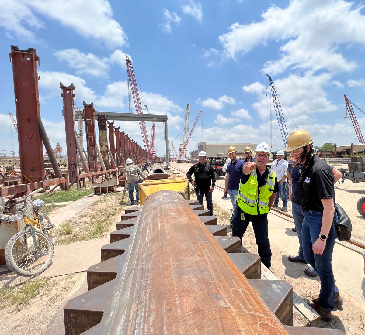 USCleanPower's tweet photo. This week several #CLEANPOWER2022 attendees extended their stay in Texas to tour the shipyard where construction work is underway on the Charybdis Wind Turbine Installation Vessel. Thank you to our sponsor @Vestas & @DominionEnergy & Keppel for hosting the group in Brownsville. https://t.co/mtSWW82V6k