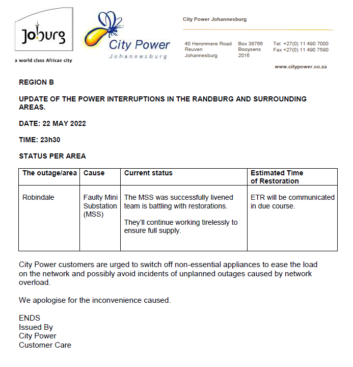 CityPowerJhb's tweet photo. Randburg #RobindaleOutage
Team is still attending to an outage affecting #Robindale
We apologise repairs took longer than anticipated. ^DR https://t.co/jxWljLdY3d
