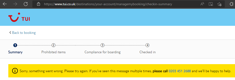 x3ja's tweet photo. Not the most helpful error message @TUIUK... And when I called, you led me through a series of options ending with "please try our website or call again later". https://t.co/mvocKmA9pS
