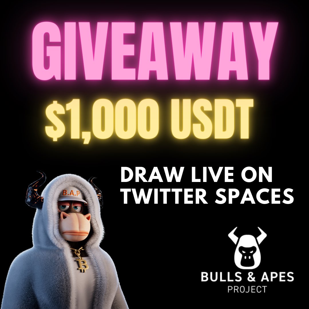 Want to win $1000 USDT? 👀

1. FOLLOW <a href="/BullsApesProj/">Bulls and Apes Project</a> 

2. JOIN THE DISCORD ⬇️
discord.gg/hU8GckTGKz

Check General Updates -> Whitelist Form Open During Space 👀

3. RETWEET + TAG 3

DRAW LIVE ON THE SPACE ⬇️ 
x.com/i/spaces/1yNxa…