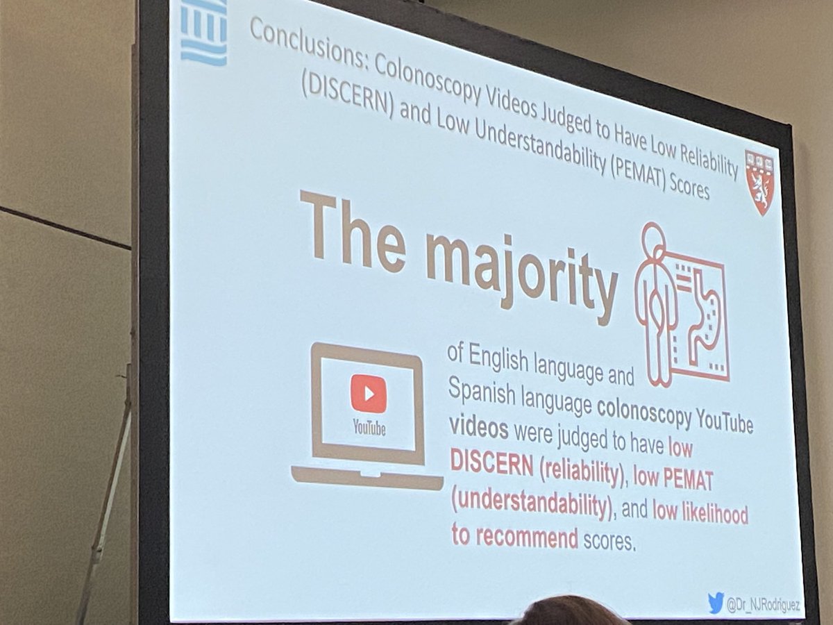 ⁦@Dr_NJRodriguez⁩ presents data regarding (mis)information regarding YouTube videos about colonoscopy in both English and Spanish. 

So important for us to meet our patients where they are, in order to improve #CRCscreening‼️