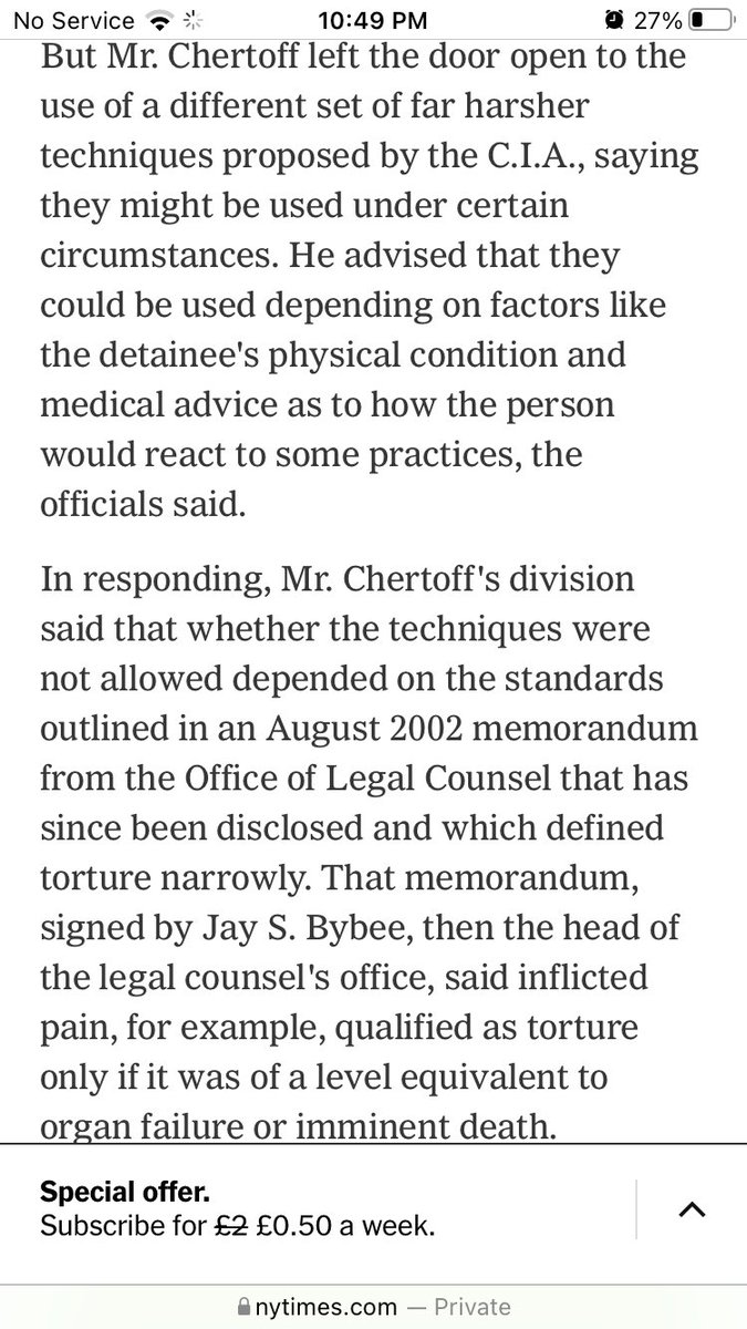 Guy who advised the CIA that waterboarding was chill & that inflicted pain only qualifies as torture if it presents the risk of organ failure or imminent death will now run the DHS disinfo board  https://www.nytimes.com/2005/01/29/politics/security-nominee-gave-advice-to-the-cia-on-torture-laws.html  https://twitter.com/jennybethm/status/1528164891626020864