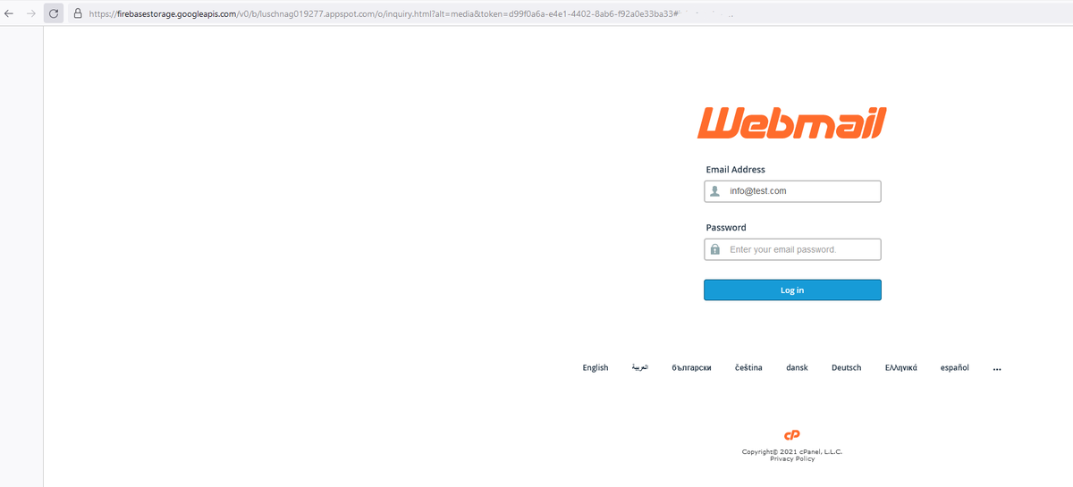 v4ensics's tweet image. A #phisher tries to steal #Cpanel Webmail credentials. To do so he abuses @Google #Firebasestorage and #AppEngine (#appspot.com) to load his phishing site...