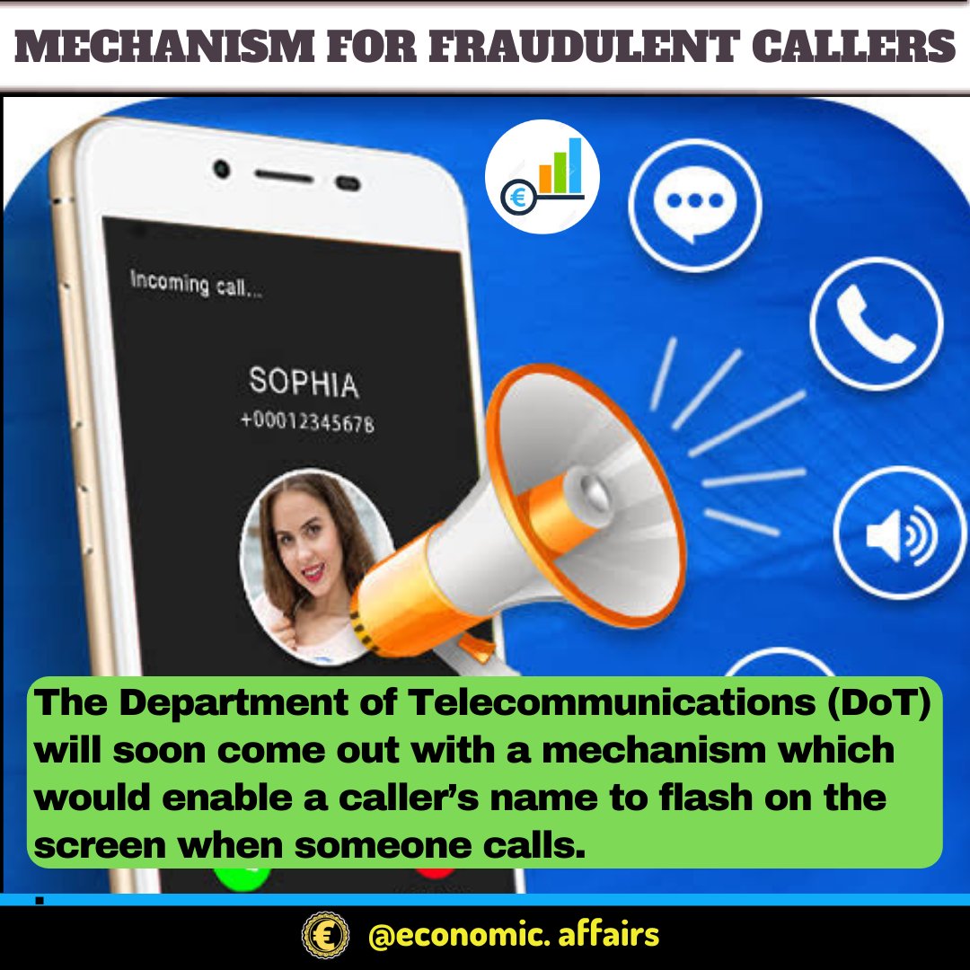 The department of telecommunications (DoT) will soon come out with a mechanism which would enable a caller’s name to flash on the screen when someone cal

 #investment #stockmarket #nifty50 #niftytrading #niftybank #banknifty #niftyoptions #nifty #DoT #trai #callerid