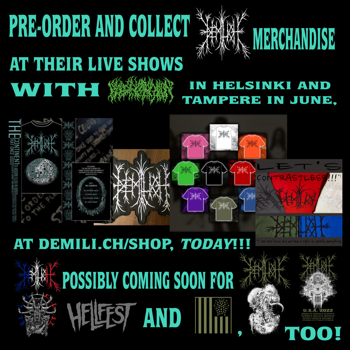 Make sure you'll get what ever Demilich merchandise you need at our gigs with Blood Incantation on June 14 (Helsinki) and June 15 (Tampere)!

demilich.band/pre-order-and-…

#Demilich #tour #BloodIncantation #Hellfest #USA #MDF #MarylandDeathfest #DeathMetal #OSDM #FinnishMusic