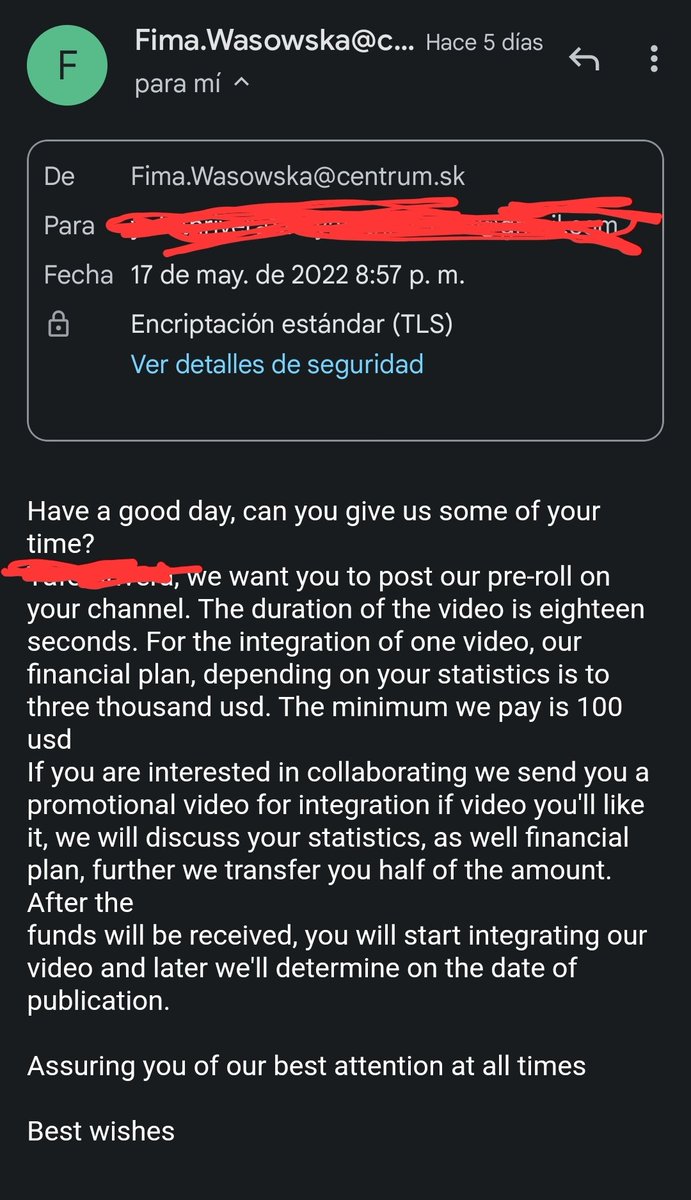 AndroFeth's tweet photo. @YouTubeCreators Received this email from a scammer, they use a hidden .scr file linked on the @googledrive cloud. 

I didn't download it but I don't know if I should send the google drive link of that file so you take it down, it's on .zip with password as "YouTube" https://t.co/C0PytRLt1C