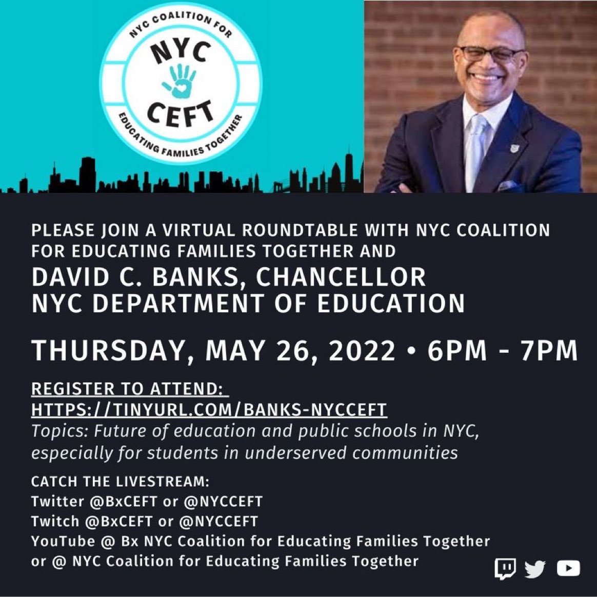 NYCCEFT's tweet photo. Please join a virtual roundtable with @NYCCEFT (NYC Coalition for Educating Families Together) and @DOEChancellor about stronger partnerships btwn parents and @NYCSschools on Thurs. May 26, 2022, 6PM-7PM. Register to attend https://t.co/nlcXgxfKzW or watch live here. https://t.co/JniDxa96gW